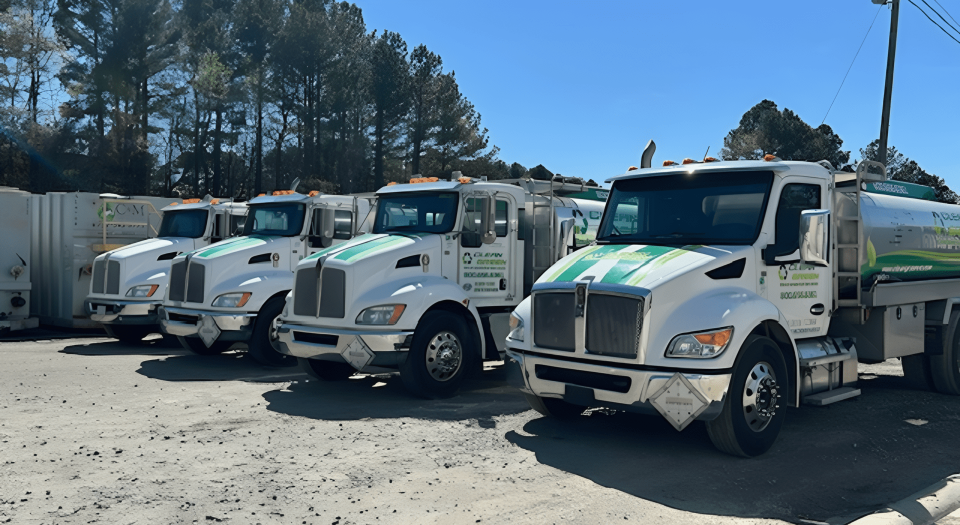 Four parked sanitation trucks in a row.