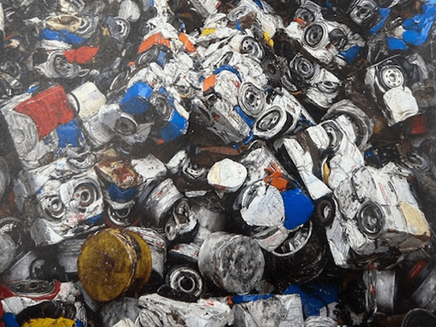 Abstract artwork featuring a chaotic mix of black, white, blue, and red shapes.